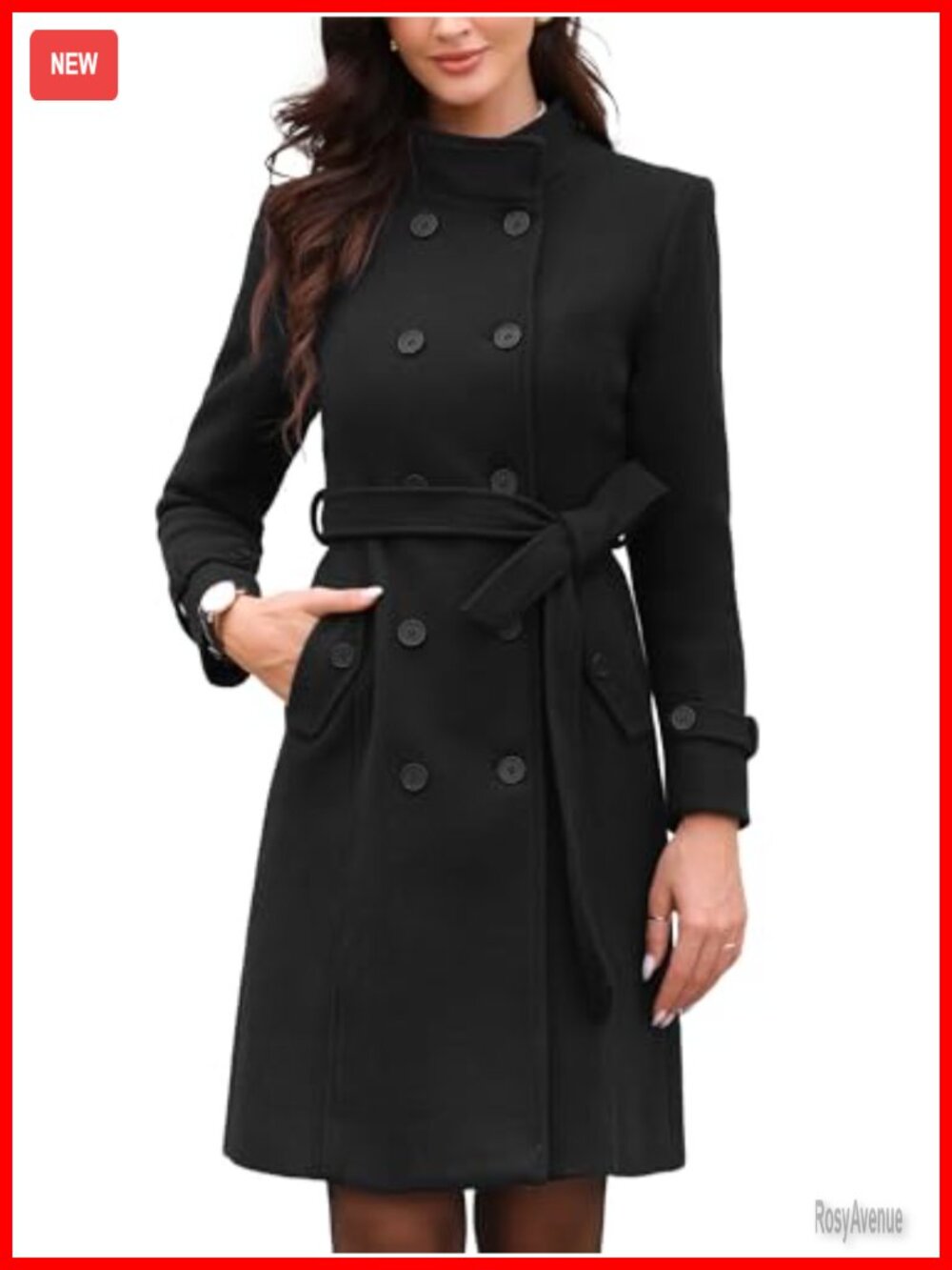Womens Wool Blend Pea Coat Double Breasted Belted Winter Overcoat